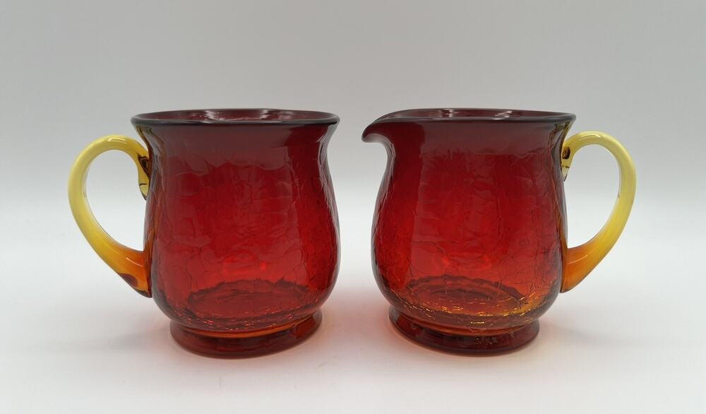 Amberina Crackle Glass Creamer Pitcher & Open Sugar Bowl 3.5” Red & Yellow